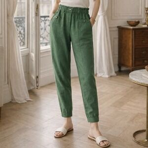Magic Linen Green Tapered Leg Linen Pants Elastic Waist Front Pockets Size XS